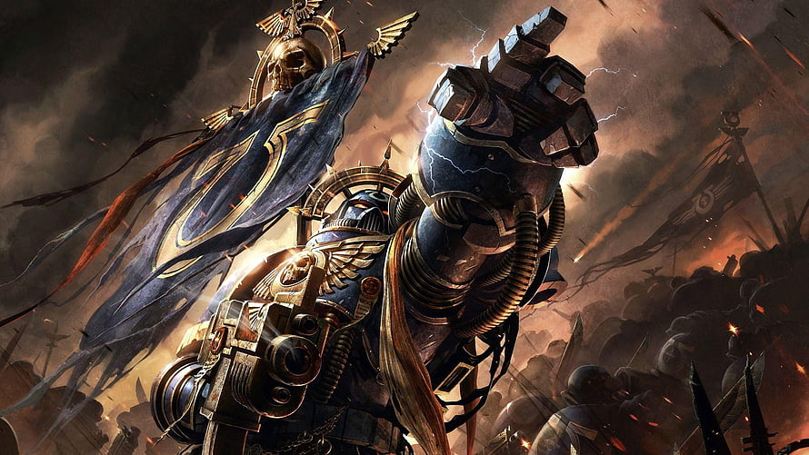 Warhammer 40,000 Space Marine in Battle Armor with Lightning Fist and Imperial Standard HD wallpaper