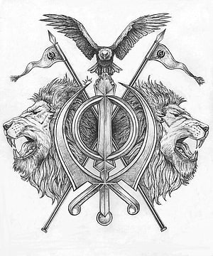 Detailed Khanda Emblem Tattoo Design Featuring Lions, Sword, and Eagle HD phone wallpaper