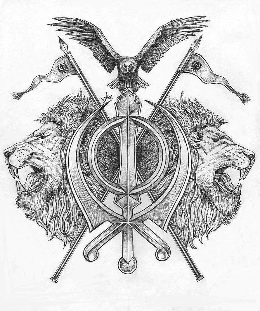 Detailed Khanda Emblem Tattoo Design Featuring Lions, Sword, and Eagle HD phone wallpaper