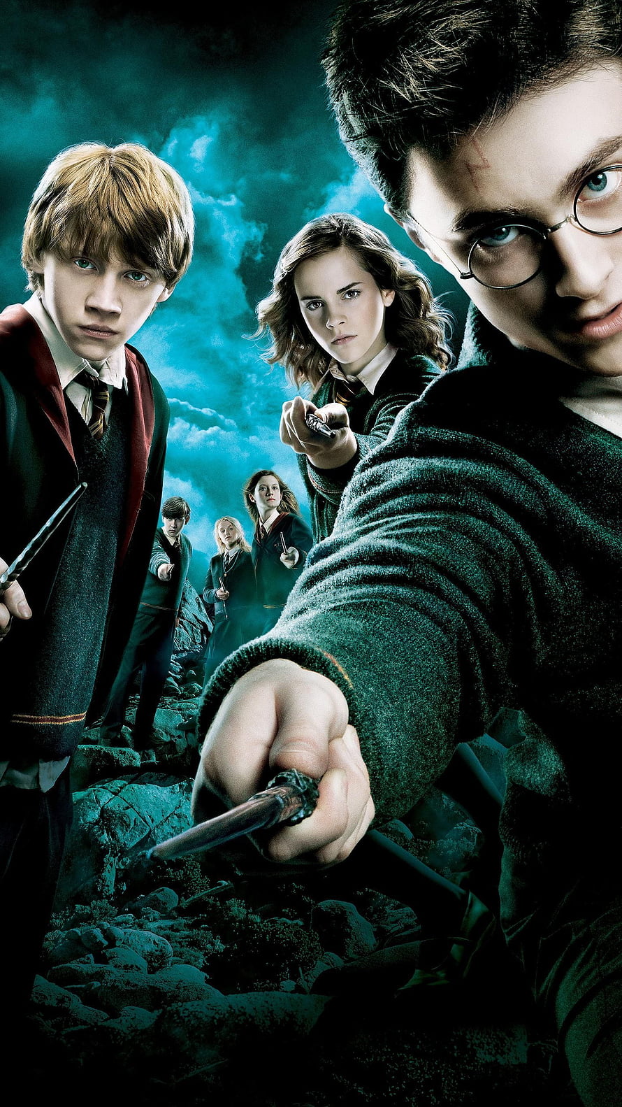 Harry Potter, Ron Weasley, and Hermione Granger Casting Spells in a Dark Fantasy Scene HD phone wallpaper