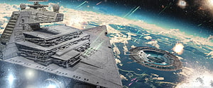 Star Wars Imperial Star Destroyer and Station in Orbital Space Battle HD wallpaper