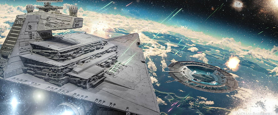 Star Wars Imperial Star Destroyer and Station in Orbital Space Battle HD wallpaper