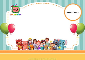 CoComelon Baby Shower Invitation Template with Character Lineup and Balloons HD wallpaper