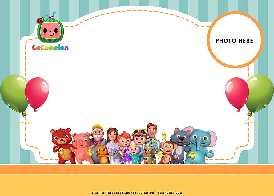 CoComelon Baby Shower Invitation Template with Character Lineup and Balloons HD wallpaper