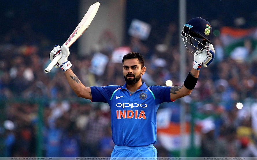 Virat Kohli Celebrating with Bat and Helmet in India Cricket Jersey HD wallpaper