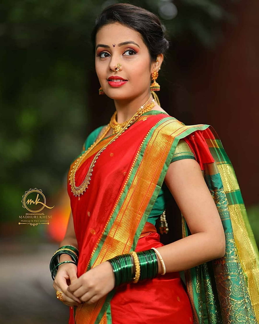 Elegant Woman in Traditional Red and Green Silk Saree with Gold Jewelry HD phone wallpaper