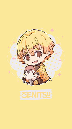 Chibi Genitsu from Demon Slayer Holding a Small Bird on a Yellow Background HD phone wallpaper