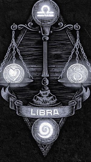 Libra Zodiac Sign Scales Illustration with Celestial Symbols and Ornate Engraved Design HD phone wallpaper