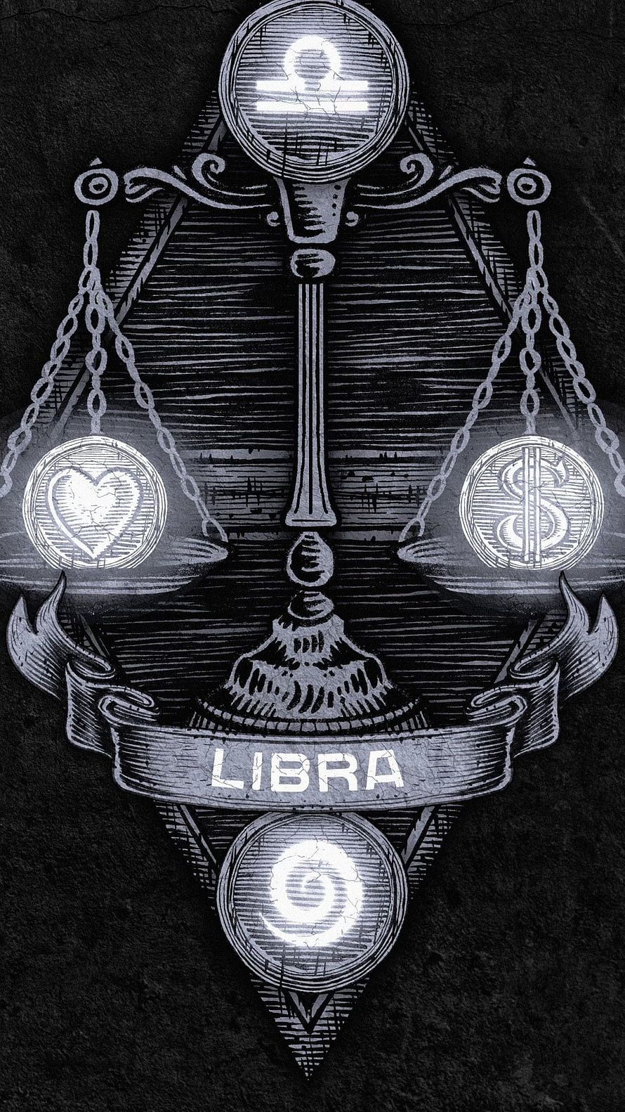 Libra Zodiac Sign Scales Illustration with Celestial Symbols and Ornate Engraved Design HD phone wallpaper
