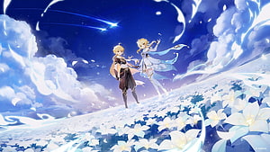 Aether and Lumine Walking Through a Field of White Flowers Under a Starry Night Sky in Genshin Impact HD wallpaper