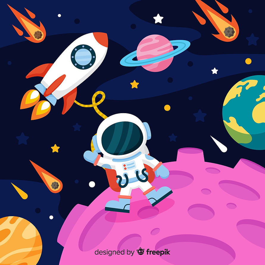 Cute Cartoon Astronaut Walking on Pink Planet with Rocket and Space Elements HD phone wallpaper
