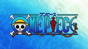 One Piece Jolly Roger Logo with Straw Hat Skull and Red Silhouette on Blue Water Background HD wallpaper