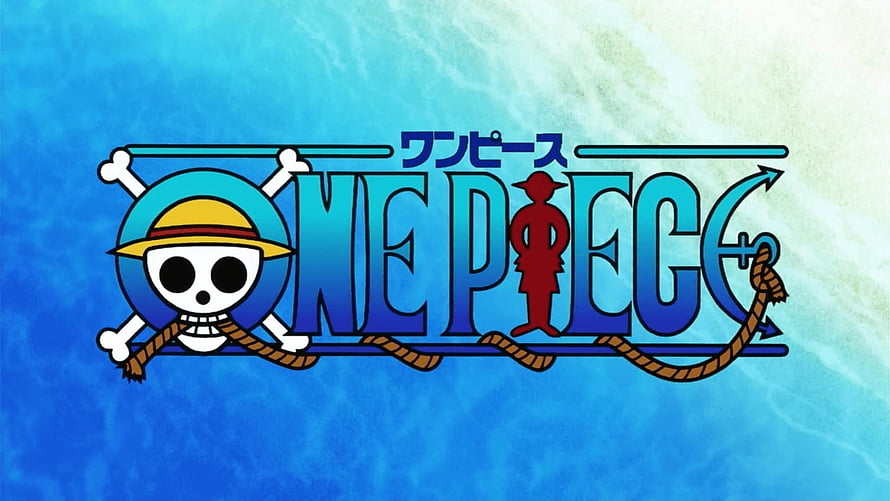 One Piece Jolly Roger Logo with Straw Hat Skull and Red Silhouette on Blue Water Background HD wallpaper