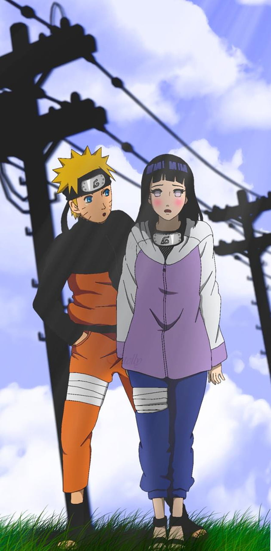 Naruto and Hinata anime couple standing together in a grassy field under a blue sky HD phone wallpaper