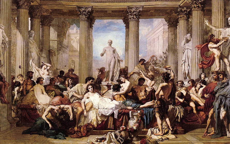 Classical Neoclassical Painting of a Grand Banquet in a Roman Temple Hall HD wallpaper