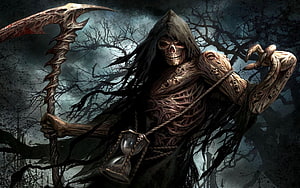 Grim Reaper with Scythe and Hourglass in Dark Forest HD wallpaper