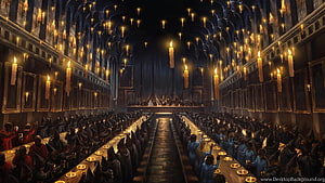 Hogwarts Great Hall Feast Scene with Candlelit Tables and Wizarding Students HD wallpaper