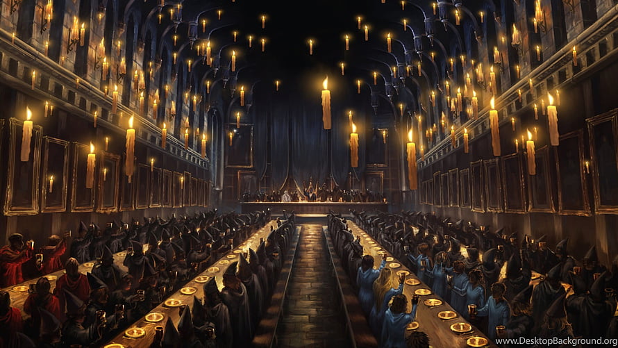 Hogwarts Great Hall Feast Scene with Candlelit Tables and Wizarding Students HD wallpaper