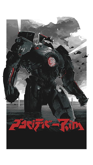 Pacific Rim Jaeger 31 Standing in Water with Kaiju Silhouette and Helicopters in Background HD phone wallpaper