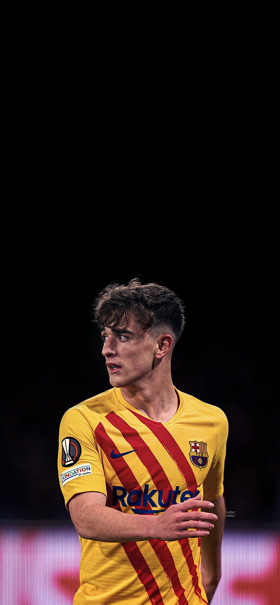 Gavi in FC Barcelona Yellow Away Kit with Red Diagonal Stripes and Rakuten Sponsor HD phone wallpaper