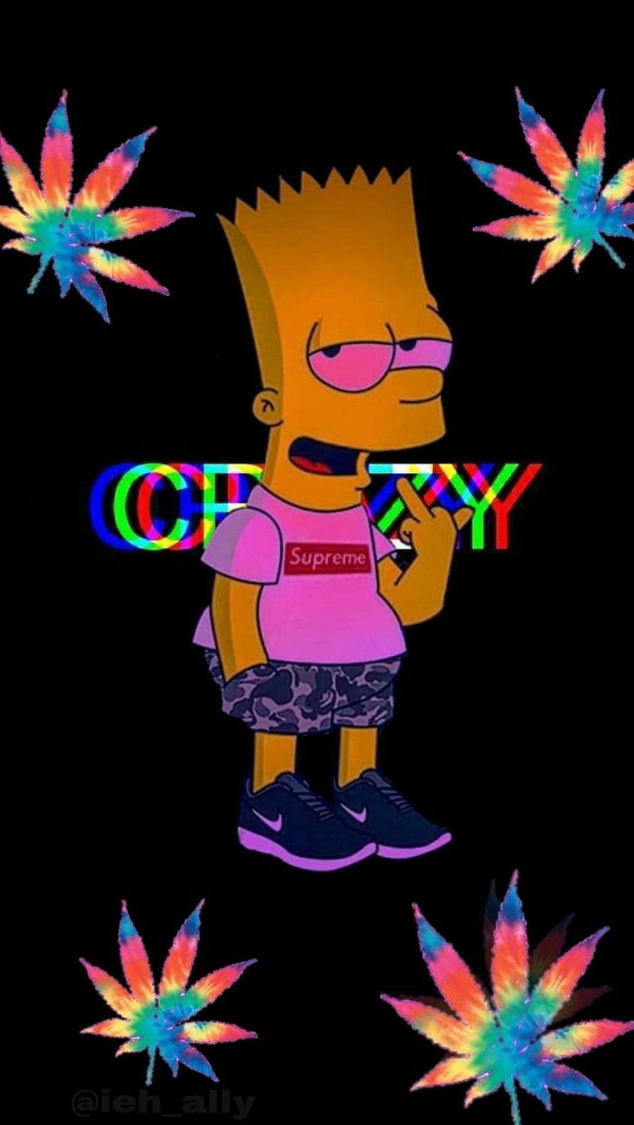Bart Simpson in Supreme Tee with Trippy Rainbow Cannabis Leaves on Black Background HD phone wallpaper