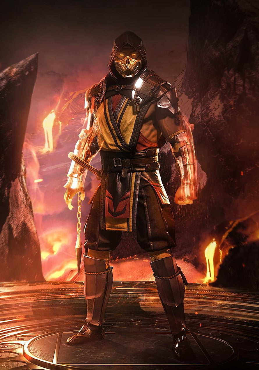 Scorpion from Mortal Kombat 11 in a fiery inferno with glowing eyes and skeletal arm HD phone wallpaper