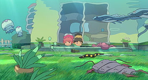 Studio Ghibli Animated Scene of Two Children Peeking from a Garden Pond with Aquatic Creatures HD wallpaper
