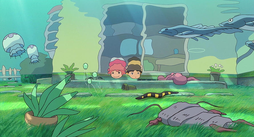 Studio Ghibli Animated Scene of Two Children Peeking from a Garden Pond with Aquatic Creatures HD wallpaper