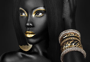 High Fashion Portrait of a Woman with Black Skin and Gold Makeup HD wallpaper