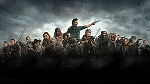 The Walking Dead Season 9 Ensemble Cast Armed and Ready for Battle Under Stormy Skies HD wallpaper