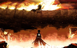 Attack on Titan Soldier Facing Colossal Titan Over Burning Wall HD wallpaper