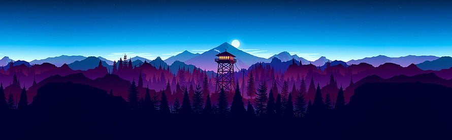 Firewatch Nighttime Forest Panorama With Watchtower And Moonlit Mountain Range HD wallpaper