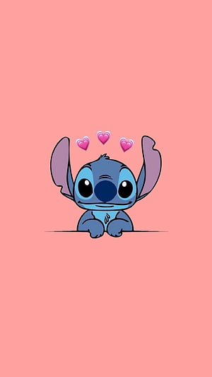 Cute Stitch Peeking Over Edge With Floating Hearts On Soft Pink Background HD phone wallpaper
