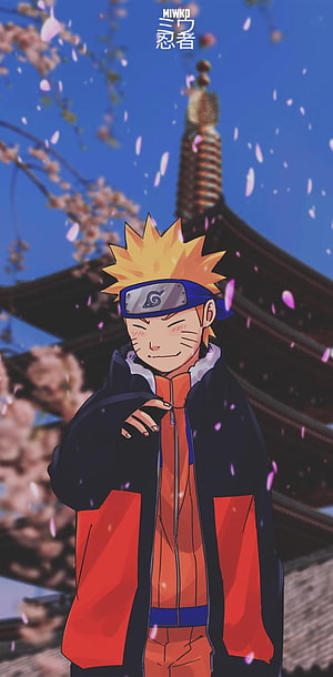 Cute Naruto Uzumaki in Orange Jumpsuit Under Falling Cherry Blossoms HD phone wallpaper