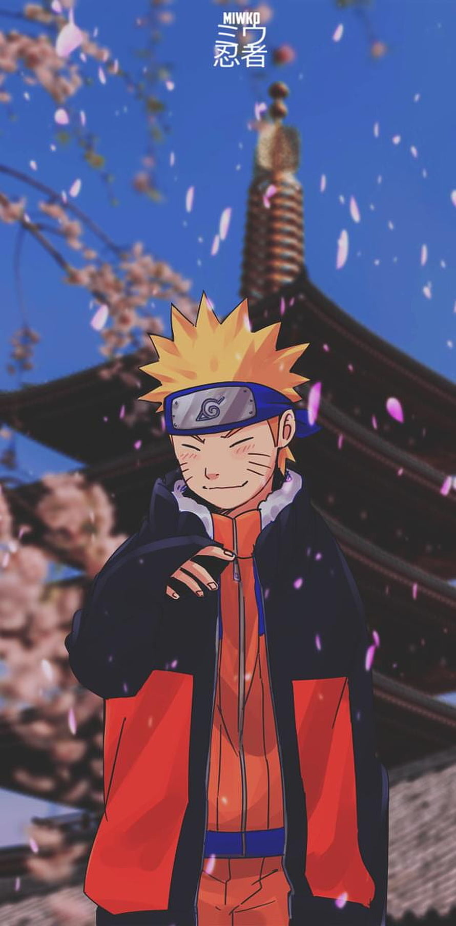 Cute Naruto Uzumaki in Orange Jumpsuit Under Falling Cherry Blossoms HD phone wallpaper