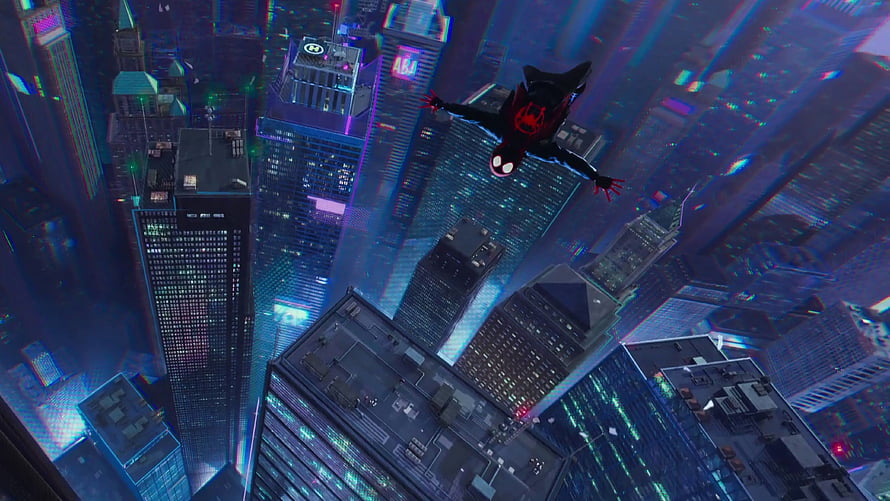 Miles Morales Swinging Over a Neon-Lit Cityscape at Night HD wallpaper
