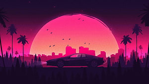 Retro Wave Sunset with Silhouette Car, Palm Trees, and City Skyline in Neon Pink and Purple HD wallpaper