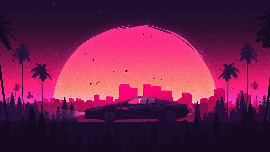 Retro Wave Sunset with Silhouette Car, Palm Trees, and City Skyline in Neon Pink and Purple HD wallpaper