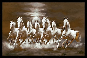 Seven White Horses Galloping in a Dramatic Sepia Landscape HD wallpaper