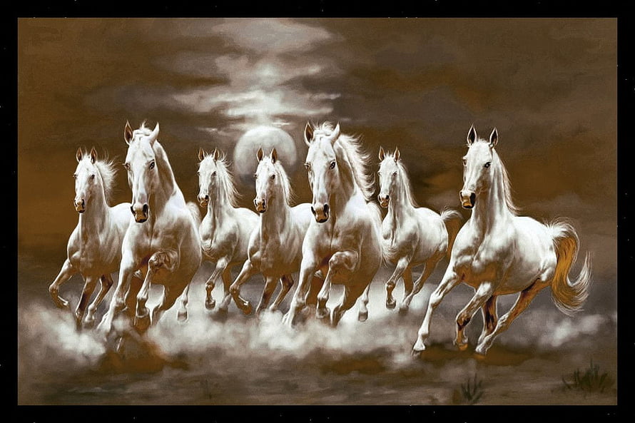 Seven White Horses Galloping in a Dramatic Sepia Landscape HD wallpaper