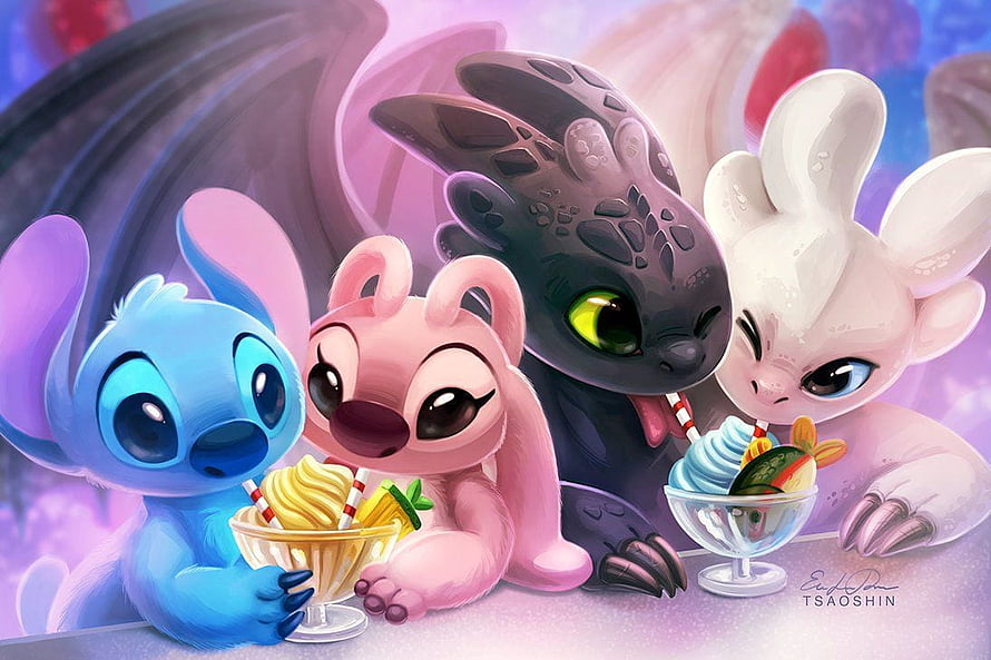 Stitch, Angel, Toothless, and Light Fury Enjoying Ice Cream Sundaes in a Pastel Fantasy Setting HD wallpaper