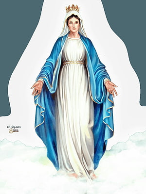 Mother Mary in White Robe and Blue Mantle with Crown Standing on Clouds HD phone wallpaper