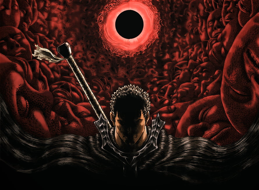 Berserk Eclipse Scene Featuring Guts and the Dark God in a Sea of Screaming Faces HD wallpaper
