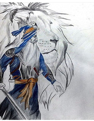 Baba Deep Singh Warrior Sketch with Lion Spirit and Blue Turban HD phone wallpaper