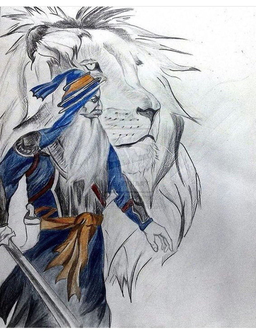 Baba Deep Singh Warrior Sketch with Lion Spirit and Blue Turban HD phone wallpaper
