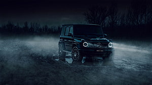 Mercedes-AMG G-Class SUV in a misty night scene with dramatic headlights and dark moody atmosphere HD wallpaper