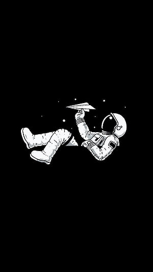 Minimalist black and white illustration of an astronaut floating in space holding a paper airplane HD phone wallpaper
