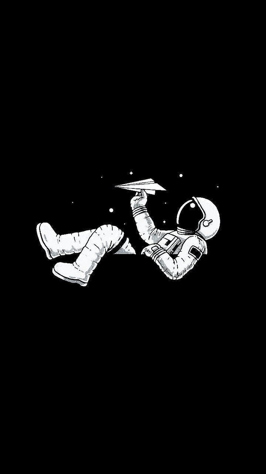 Minimalist black and white illustration of an astronaut floating in space holding a paper airplane HD phone wallpaper