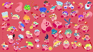 Kirby Copy Abilities Collection Featuring Every Character Form and Costume on a Pink Background HD wallpaper