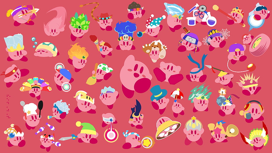 Kirby Copy Abilities Collection Featuring Every Character Form and Costume on a Pink Background HD wallpaper